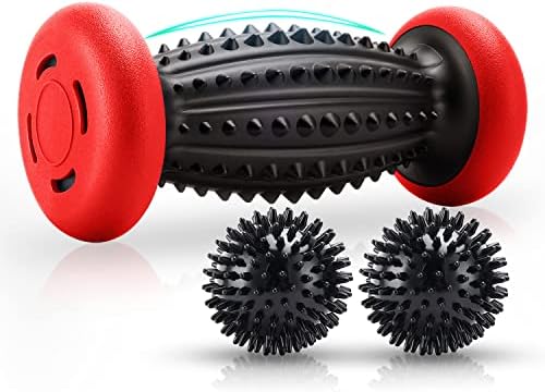 HOFASON Foot Roller Massage Ball for Plantar Fasciitis Relief, Foot Arch Pain, Myofascial Pain and Body Muscle Pain, Foot Massager Reflexology Tool, 1 Foot Massage Roller & 2 Spiky Balls (Black Red)