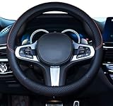 HUACHENG ハンドルカバー 車用 軽自動車 Lサイズ ステアリングカバー 本革 汎用 おしゃれ 通気性がよい 滑り防止 オールシーズン対応 普通車 ハンドル 保護カバー カスタム 内装パーツ アクセサリー 車用品 (ブラック)