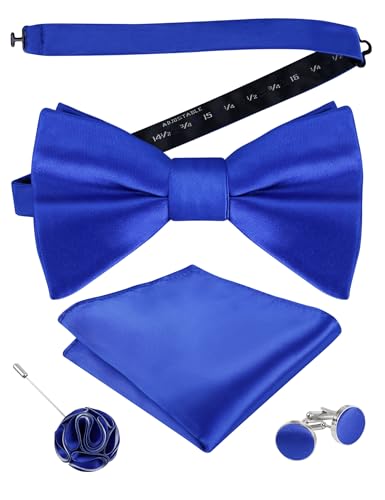 Image of Alizeal Mens 4pcs Formal Solid Bow Tie Set | Pre-tied Pocket Square Cufflinks Boutonniere for Wedding Everyday Use