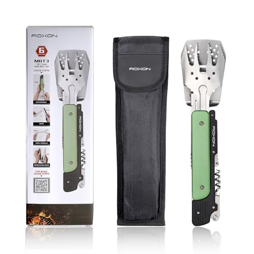 Image of ROXON S601 14 inch 6 in 1 MBT3 Folding Grill Utensils Set Fork Spatula Grilling Knife Tongs Opener for Backyard Barbecue and Camping(Green)