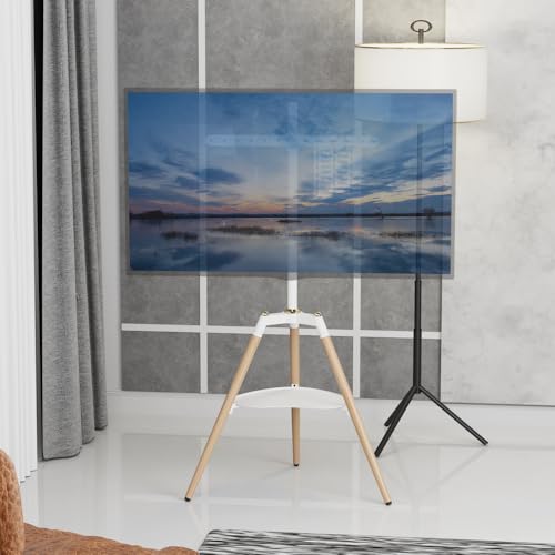 Image of Audiovan Tripod TV Stand Wooden for 32-65 Inch,Floor TV Stand (Height - 1455) 100x100-600x400 VESA TV Corner Stand with Mount /Easel TV Floor Stand (White, 32-65 Inch)