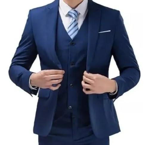 Terno Masculino Slim Premium - Paleto-Calça-Colete (BR, Numérico, 44, Regular, Regular, Azul Marinho)