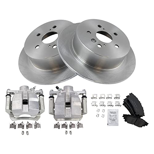 Image of TRQ Rear Brake Pad and Rotor Set Ceramic Solid Rotors Calipers Hardware Compatible with 2014 Toyota Highlander