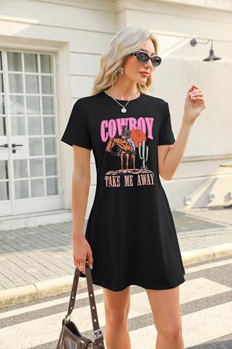 Image of Cowboy Western Dress for Women: Vintage Rodeo Graphic Dresses Country Music Sundress Short Sleeve Cowgirl Outfits