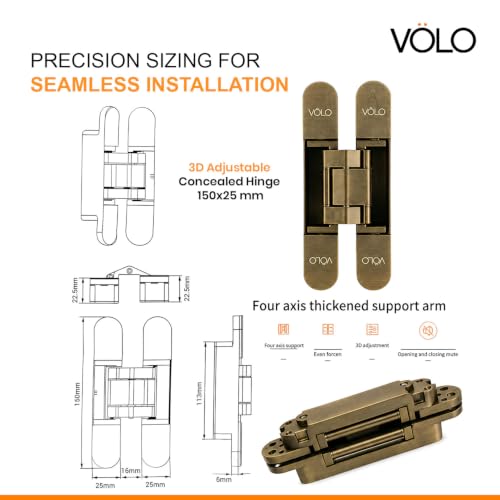 Image of VOLO Heavy-Duty Concealed Hinges - Hidden Door Hinges for Wooden & Flush Doors, Matt Black Finish | Pack of 2 Pieces | (6 Inch | Antique)