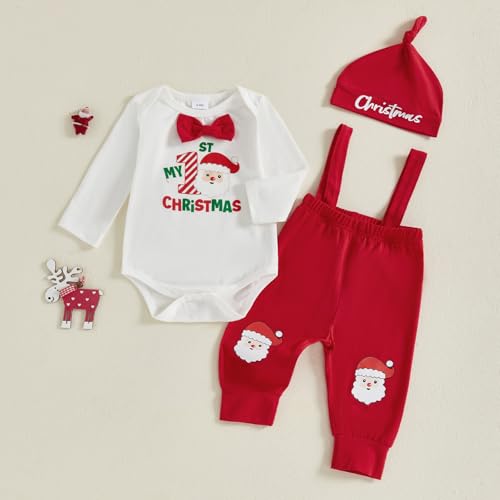 Karuedoo My 1st Christmas Baby Boy Outfit Letter Print Long Sleeve Bowtie Romper Suspender Pants with Hat 3Pcs Clothes Sets 5