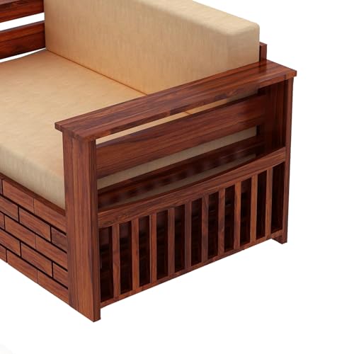 Image of Amazon Brand - Solimo Sheesham Wood Italian 3 Seater Sofa Cum Bed with Drawer and Side Pocket Storage | Wooden Bed with Cushion | Multipurpose Sofa Furniture for Home & Living Room (Honey Finish)