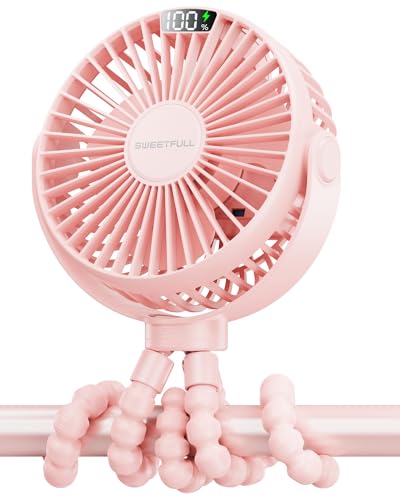 Image of SWEETFULL Portable Stroller Fan with LED Display 4000mAh Battery Powered Mini Clip Fan, 4-Speed Rechargeable Small Personal Fan Handheld Desk Cooling Fan for Car Seat Crib Treadmill Travel-Pink