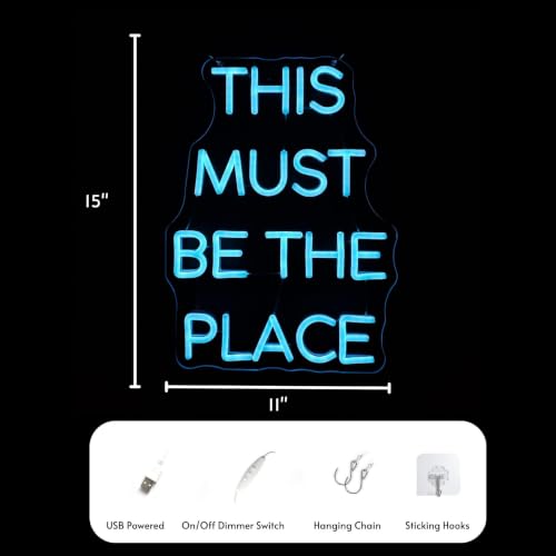 Image of 15.8 inch This Must Be The Place LED Neon Sign - Blue, Dimmable Light for Home, Bedroom, Cafe, Bar Wall Decor - Energy-Efficient Neon Light with Installation Kit - Perfect for Weddings and Birthdays