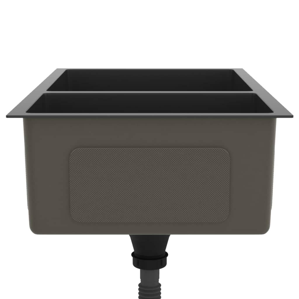 Fregadero de cocina negro de acero inoxidable con doble fregadero, 71,5 x 44 x 20 cm, con escurridor y residuos, incluye sifón y juego de desagüe, para cocina, lavadero