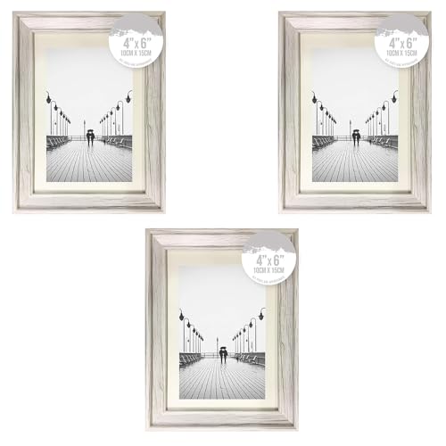 3pk Photo Frames, 4 x 6'' White Solitaire Shabby Chic Distressed Wood Styrene Design Freestanding Wall Mount Picture Photo, Ideal for special occasion like Valentine’s Day, Birthday, Wedding, A