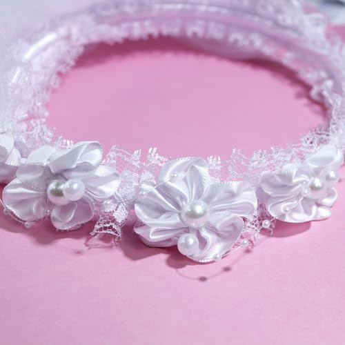 Needzo White Tulle First Communion Veil for Girls, 32 Inches (Faux Pearls and Ribbons)4
