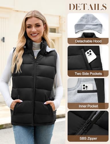 Tuopuda Damen Weste Steppweste Westen Ärmellos Jacke Herbstmantel Damen Kurz Outdoor Vest Gilet mit Kapuze und Taschen(Schwarz,M)