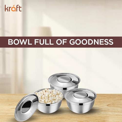 Image of Kraft Stainless Steel Serving Bowl with Lid Set of 3 pcs - 18cm | Mixing Steel Big Bowl | Salad, Rice, Desert, Bowl Set | Matt Finish, Food Grade | 2 Year Warranty - Silver