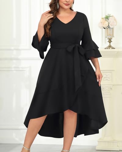 Plus Size Wedding Guest Dress - Semi Formal Double Bell Sleeve V Neck High Low Split Ruffle Cocktail Dresses with Belt2
