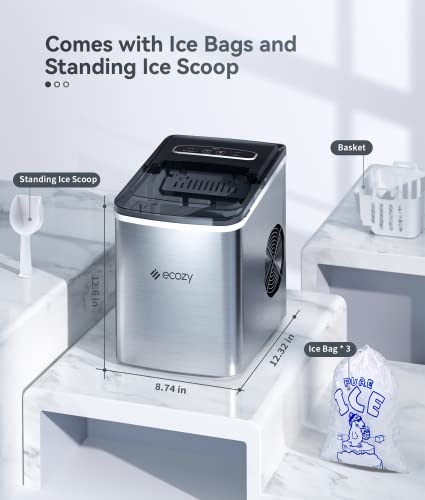 ecozy Portable Ice Maker Countertop, 9 Cubes Ready in 6 Mins, 26.5 lbs in 24 Hours, Self-Cleaning Ice Maker Machine with Ice Bags/Ice Scoop/Ice Basket for Home Kitchen Office Bar Party, Silver