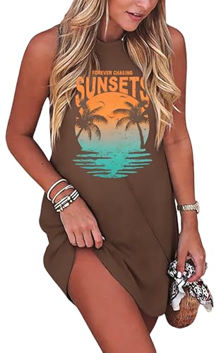 Image of Sun Salt Sand Coconut Tree Tank Mini Dress for Women Sleeveless Beach Praty Shirts Summer Vacation Short Mini Dresses