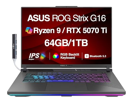 Image of ASUS ROG Strix G16 G614 AI Gaming Laptop 16.0 inch 165Hz IPS WUXGA Display | AMD Ryzen 9 8940HX, GeForce RTX 5070 Ti 12GB, 64GB DDR5, 1TB SSD, RGB KB, Win 11 Home, w /DKZ USB Hub - G614PR-G16.R95070TI