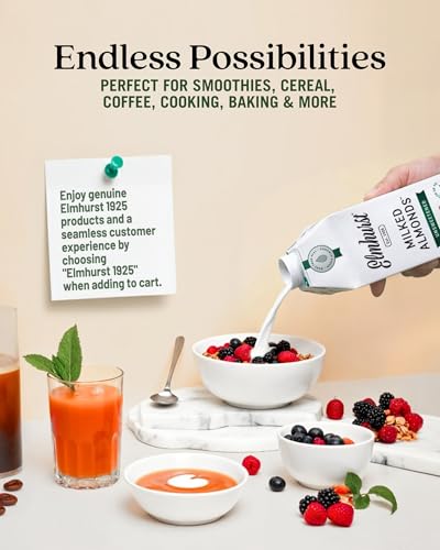 Elmhurst 1925 Unsweetened Almond Milk - 32 Ounce (Pack of 6) Dairy-Free, Vegan, Kosher, No Added Sugar, Shelf Stable Milk Made with Water & Almonds for Healthier, Simpler Plant-Based Alternatives