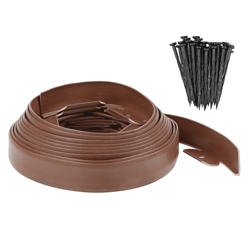 M METERXITY Borde de Jardín - 20 Pies Borde de Jardinería de Plástico con 18 PCS Púas para Parterres/Césped/Patio (20FT x 1.57IN, Marrón Oscuro)