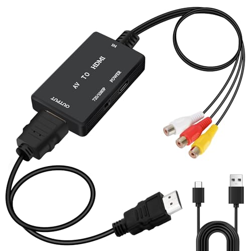 Jewan Convertidor RCA a HDMI, Adaptador AV a HDMI, 1080P RCA Compuesto CVBS Video Convertidor de Audio para PS2/SNES/VHS/Xbox/PS4/TV/VCR/DVD/Wii/Soporta PAL/NTSC
