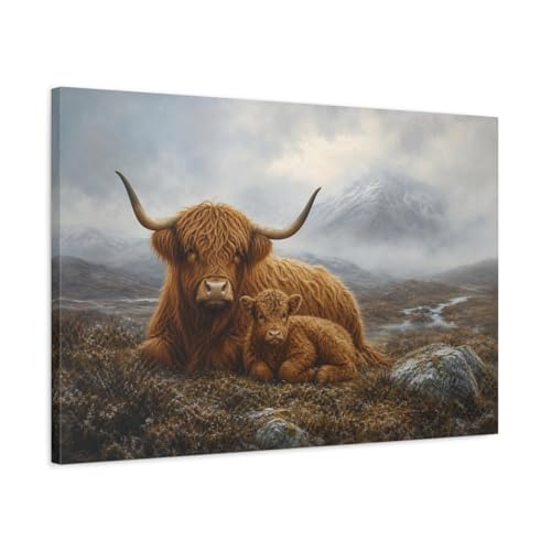Toile vache des Highlands grand format au-dessus du canapé pour déco salon Cozi