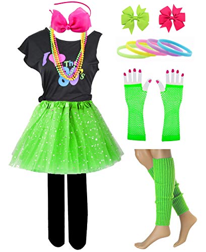 Image of Kid Girl I Love 80s T-Shirt 1980s Star Sequin Tutu Skirt with Neon Necklace Bow Headband Hair Clip Set (8 /10, Green)
