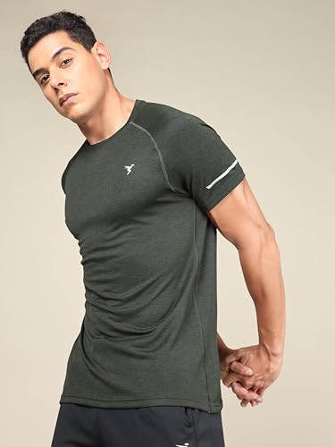 Image of TECHNOSPORT Men's Melange Slim Fit Round Neck T-Shirt Double Cool Raglan Sleeve Slip On Polyester for Gym Running Workout UPF50+ Anti Odour