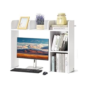 VEVOR Wood Desk Shelf, Desktop Bookshelf, Desk Storage Hutch with 6 Shelves, Office Countertop Organizer 3-Tier Display Rack, with Anti-Slip Feet Pads, for Office, Home & Dorm, White