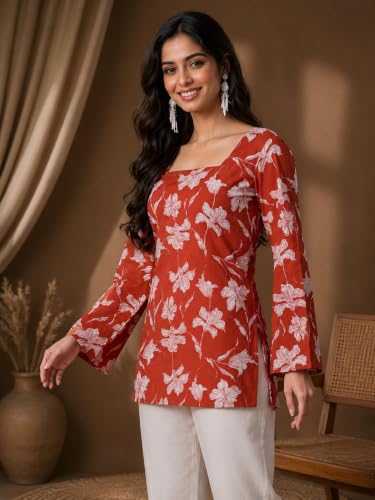 Image of Rayon Floral Print Short Kurti for Women | Square Neck Long Sleeve Top for Women | Criss Cross Back Desing Kurti | Soft Breathable Fabric | Relaxed Fit | Casual and Office Wear