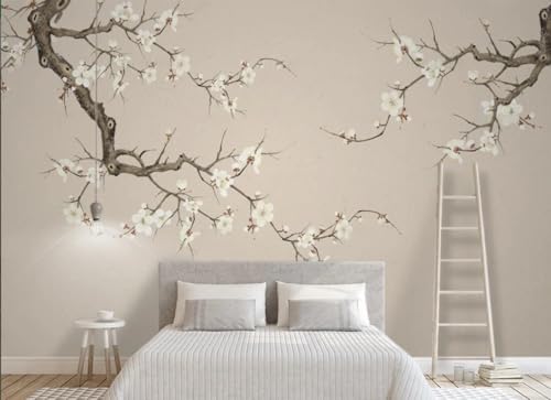 Fleurs de prunier blanches papier peint 3D intissé grand arbre