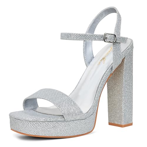 GENSHUO Plateforme Talons Hauts de 13 cm pour Femmes Sandales à Talons Blocs Bout Ouvert carré Bride à la Cheville Chaussures élégantes à Paillettes,...