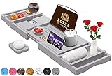 Luxury Bamboo Bathtub Caddy Tray with Book and Wine Holder - 1 or 2 Person Bath and Bed Tray with Extending Sides - Free Soap Dish - (Gray)