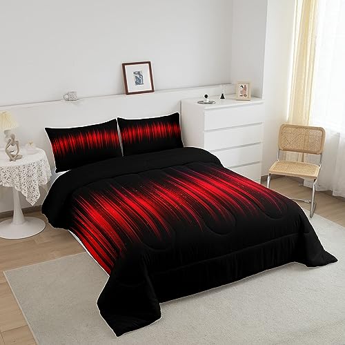 Image of Feelyou Red and Black Comforter Twin, Abstract Ombre Comforter Set Stripes Bedding Set Kids Toddler Red and Black Striped Duvet Set Durable Quilt Set