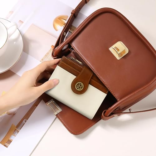 Image of Leather Wallet Women,RFID Blocking Small Wallet for Women Bifold Compact Slim Wallet Card Holder With Zipper Coin Pocket(Whitebrown)