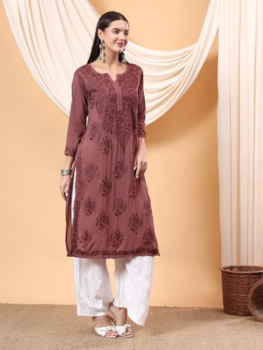 Image of POSHAK CHIKAN STUDIO Women's Hand Embroidered Lucknowi Chikankari Modal Straight Long Kurta, heer