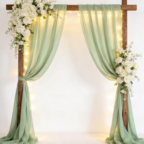 Image of MLMC Sage Green Chiffon Fabric by The Yard Pre-Cut Sheer Chiffon Arch Fabric 3 Yards Airy Continuous Draping Panels 60 inch Wide for Wedding Backdrop Craft Ceiling Decor