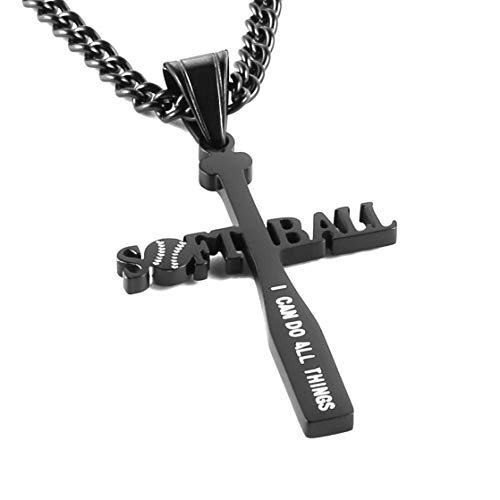 HZMAN Softball Bat Cross Pendant, I CAN DO ALL THINGS STRENGTH Bible Verse Stainless Steel Necklace (Black)