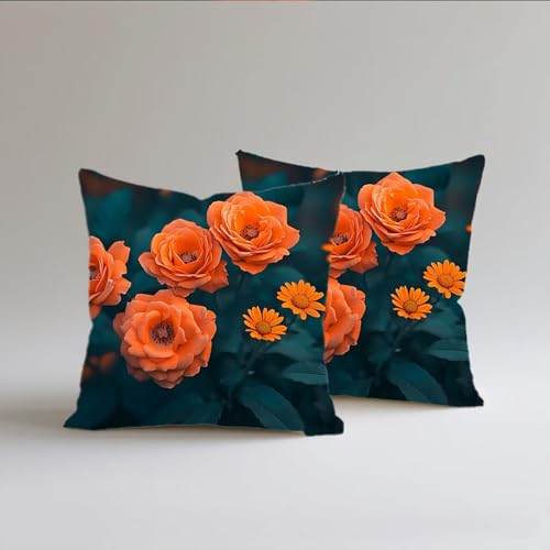 Cushion Covers 45x45cm Set Of 2 Flower Cushion Cover Sofa Orange Cushions Decor Pillowcases, Double-Sided Printing,Outdoor Waterproof,Soft Decorative Throw Pillows, Bed And Home Decoration S0A-27