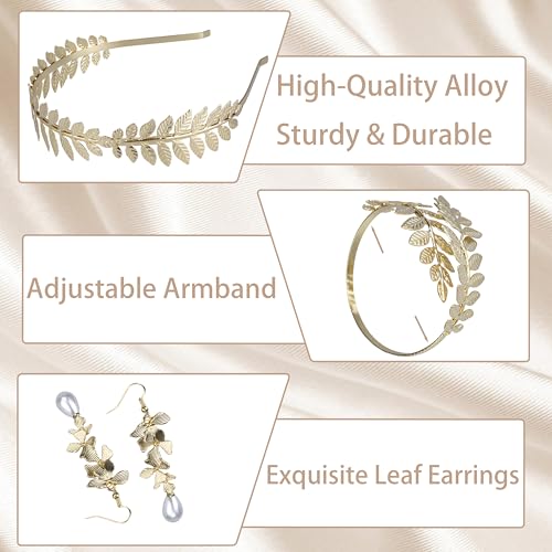GLITZJOY 5PCS Greek Goddess Costume Accessories Set Gold Headband Laurel Wreath Headpiece with Armband and Earrings Toga Costume Woman Leaf Crown for Wedding Halloween Roman Toga Party