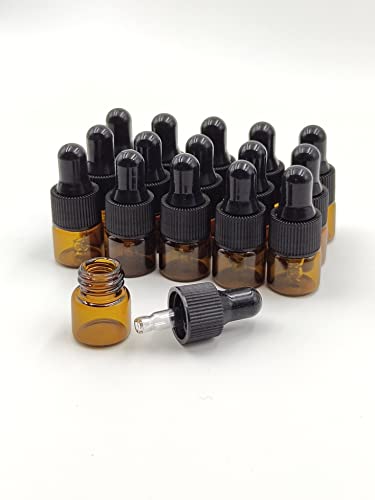 YYNGJCK 15 mini frascos cuentagotas de vidrio ámbar de 1 ml para aceites esenciales, cosméticos y líquidos, pequeños frascos vacíos de muestra de viaje con cuentagotas y tapas negras