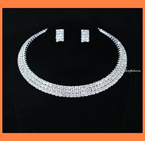 janefashions 3-Row Claro Austríaco Rhinestone Choker Collar arete Set Fiesta Boda n0561Plata