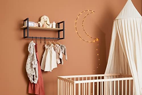 LIFA LIVING Wall Coat Hanger for Hallway, Black Industrial Wall Coat Rack with Shelf, Wood & Metal Coat Stand, 5 Hooks for Coats & Jackets, 78 x 28 x 29 cm