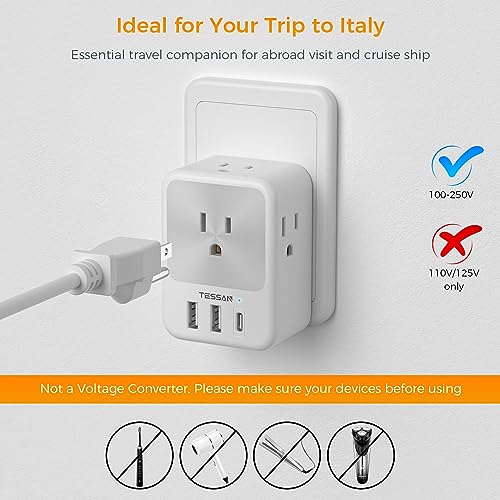 image for Italy Travel Plug Adapter 2 Packs, TESSAN Italy Power Adapter with 4 O