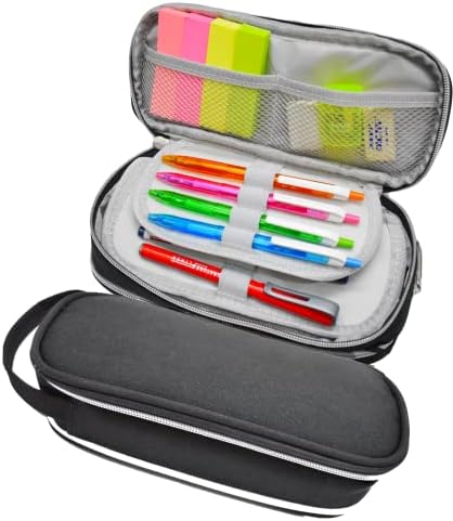 Pencil Case for Girls and Boys Expandable Large Pencil Case for Secondary School Double Zipper Pen Pouch Large Pencil Pouch Holder Box Organizer Portable Stationary Office Supplies (Black)