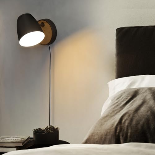 Image of Plug in Wall Sconce Black,Bedside Wall Lamps with Switch,Modern Wood Wall Light for Bedroom with 180Rotation Metal Shade,Indoor E26 Wall Lamp for Living Room,Dining Room,Hallway,Stairway,Wall Decor
