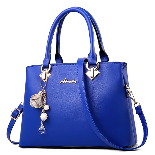 Classico Donna Borsa a Mano Elegante a Tracolla con Campane Appese Ornamenti di Moda Messenger per Shopper Viaggio Lavoro PU Pelle Tote Borse a Spalla Blu