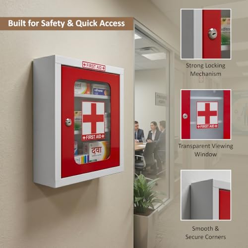 Image of First Aid Kit Box for Home Wall Mounted | GI Steel Medicine Storage Cabinet with Lock & Key | Multi Compartment Emergency Medical Box for Office, School, Clinic & Kitchen (Red & White)