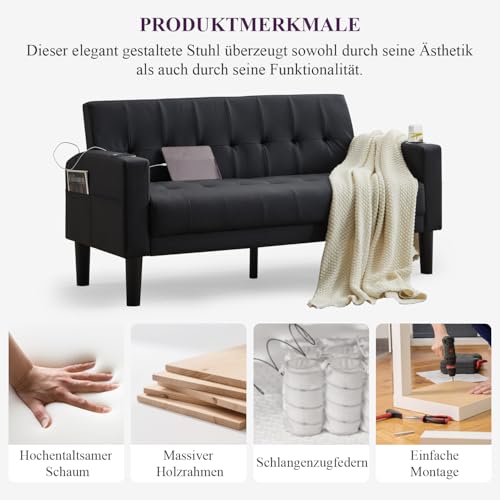 GRAVFORCE Sofa 2 Sitzer Couch mit 2 Ladefunktion und 2 Becherhalter 2er Sofa Klein Kunstleder für Wohnzimmer, Jugendzimmer, Büro, Wohnung, Schlafzimmer, Schwarz