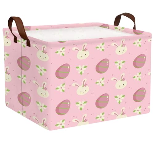 Image of Large Cute Easter Basket for Kid Empty Gift Baby Rectangle Storage Bin Bunny Eggs Boy＆Girl Room Decor (Rabbit Pink Flower Egg)